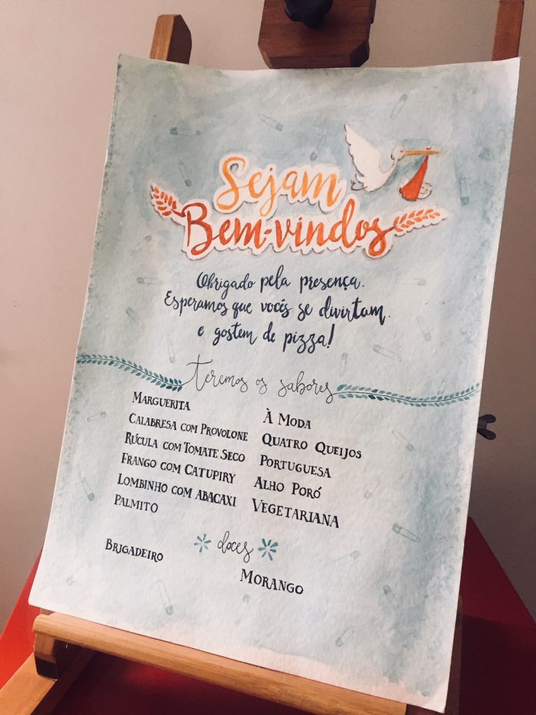 Painel de boas vindas e menu de pizzas do chá de fraldas